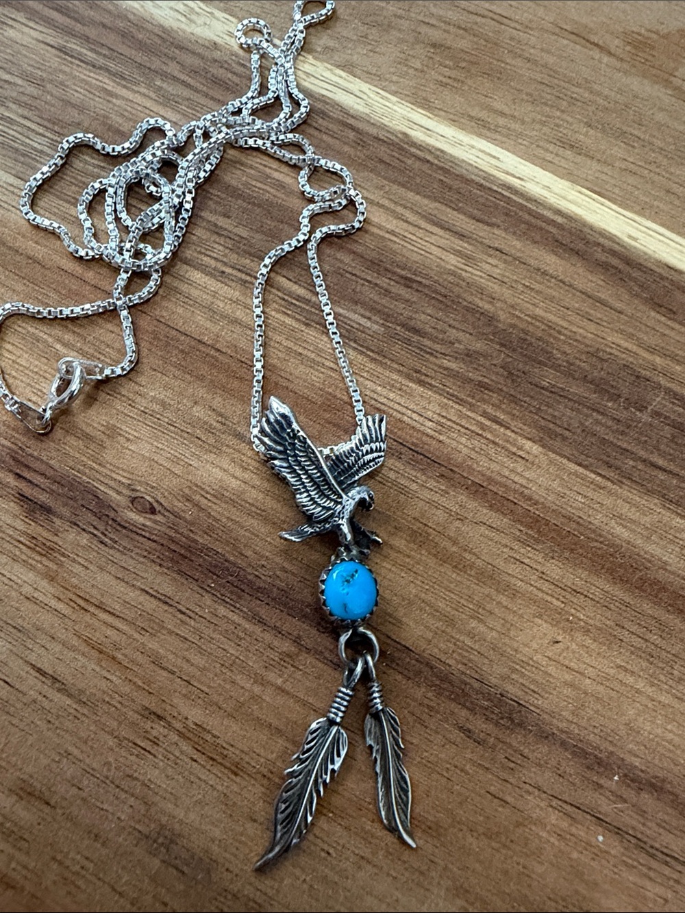 Sterling Silver Navajo Eagle Pendant Necklace with Turquoise Stone. RB Sterling